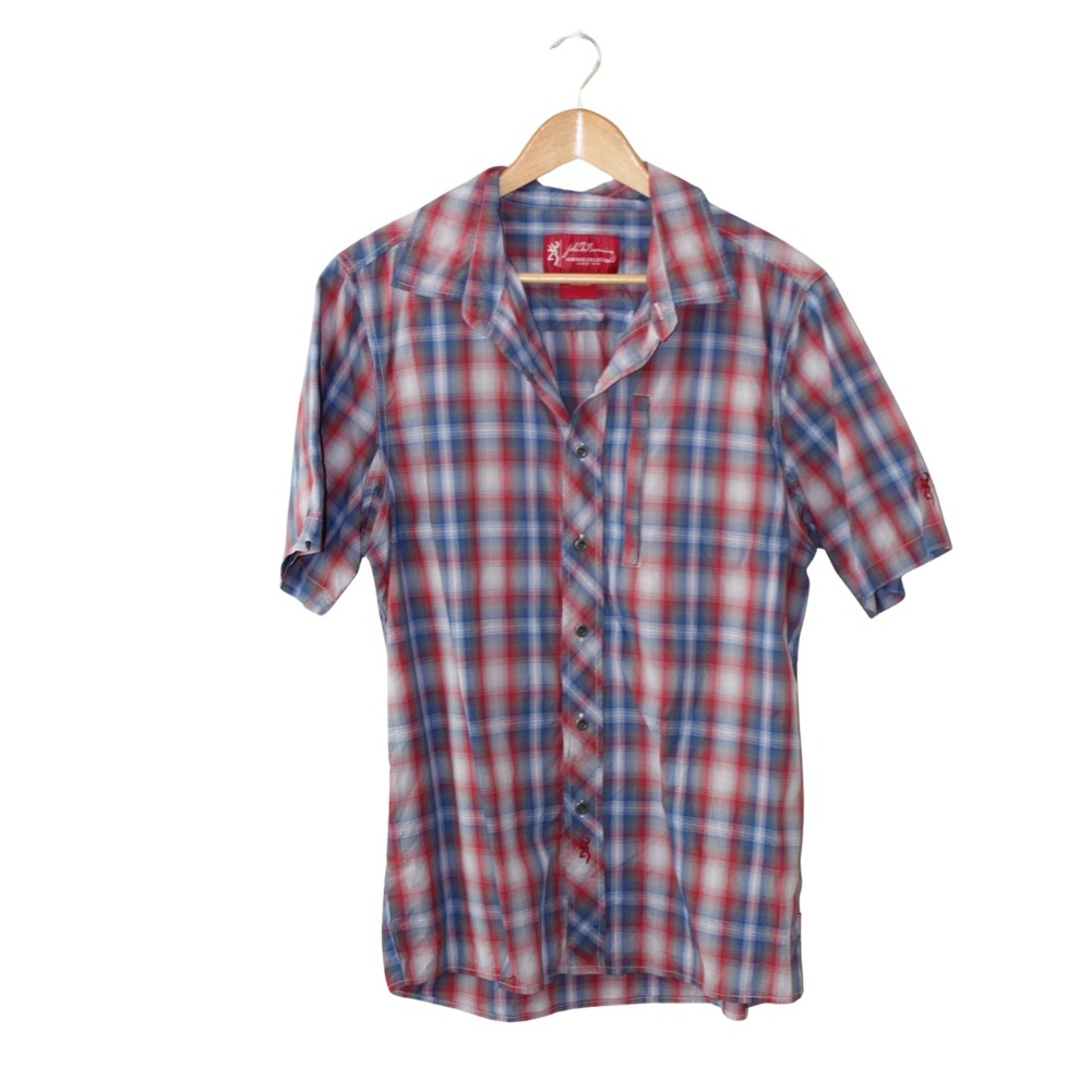 Browning Shirt‎ Men's Medium Red/Blue Plaid Button Up Short Sleeve
